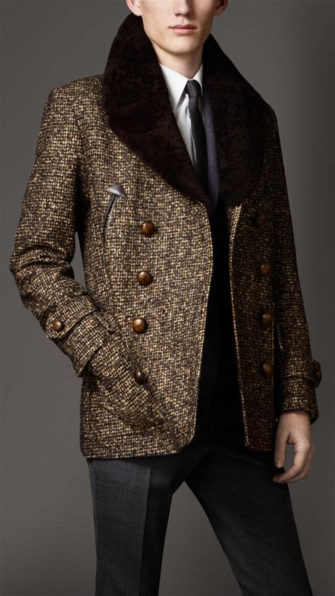 burberry tweed coat shearling